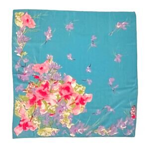 Vintage Vera Neumann Silky Square Hair Kerchief Scarf Aqua Pink Floral